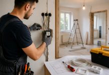 Cum te poate ajuta un electrician în renovarea locuinței tale Electrician care lucrează la instalația electrică în timpul renovării unei locuințe