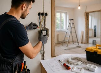 Cum te poate ajuta un electrician în renovarea locuinței tale Electrician care lucrează la instalația electrică în timpul renovării unei locuințe