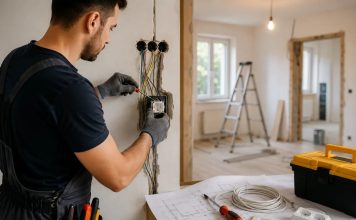 Cum te poate ajuta un electrician în renovarea locuinței tale Electrician care lucrează la instalația electrică în timpul renovării unei locuințe