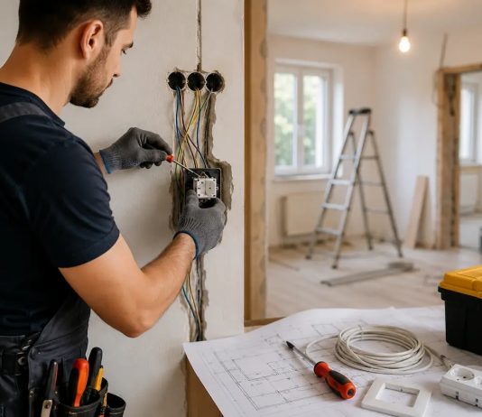Cum te poate ajuta un electrician în renovarea locuinței tale Electrician care lucrează la instalația electrică în timpul renovării unei locuințe